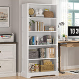 TVU 5-Tier Wooden Book shelf, 65"H × 31.5"W × 9.9“D Bookshelf with Storage, Floor-Standing Display Bookcase, Farmhouse Style Bookshelf with Arched Base, Suitable for Living Room, Study, Office, White TVU