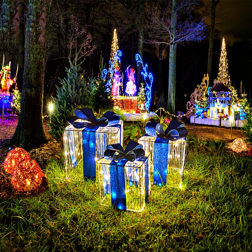 Christmas Decorations, Purtuemy Set of 3 Christmas Lighted Gift Boxes 140 LED Light up Xmas Present Ornament for Tree Indoor Outdoor Yard Holiday Door, Christmas Lights,Warm White, UL Plug Purtuemy