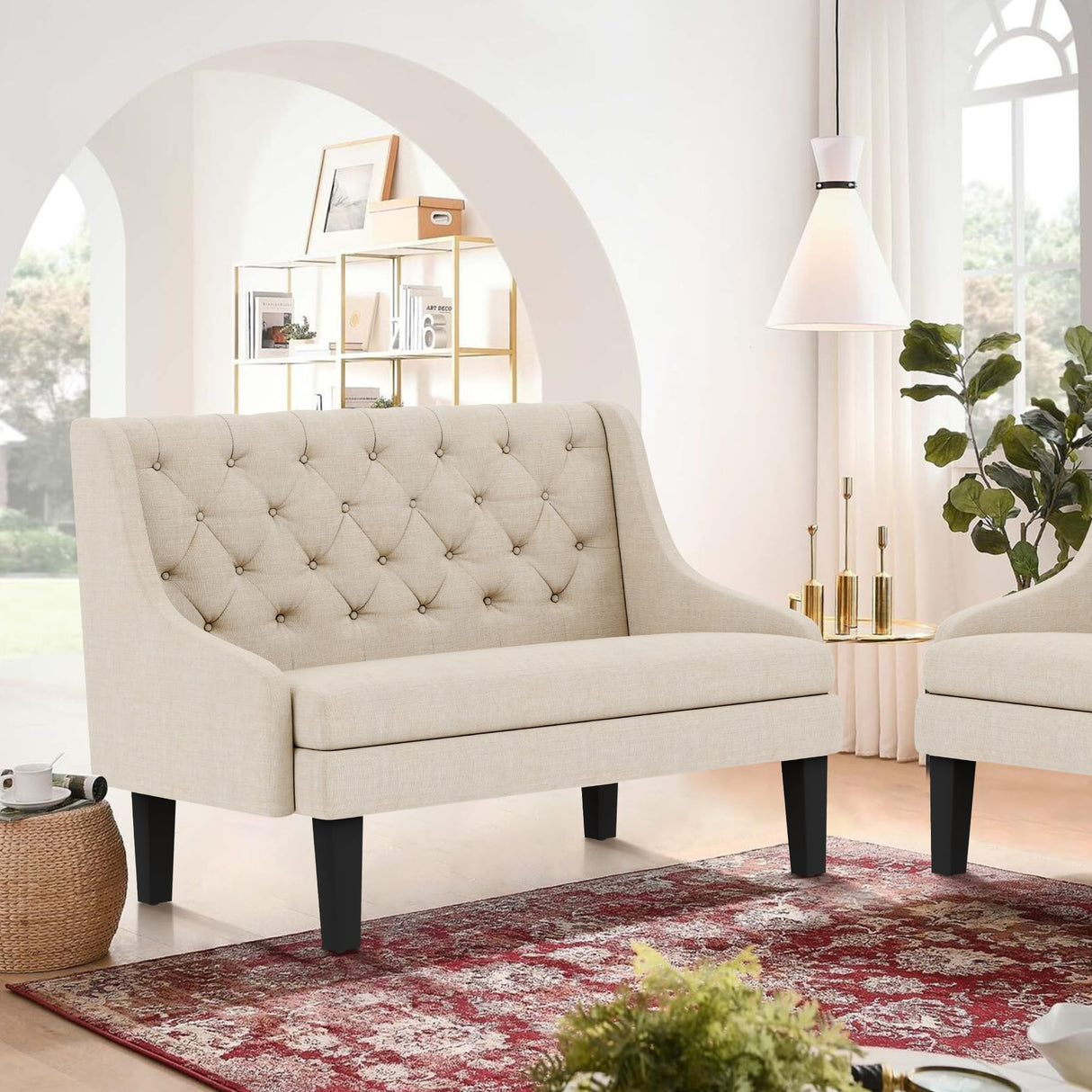 Yongqiang Settee Bench with Back Mini Couch for Dining Room Living Room Entryway Modern Upholstered Banquette Button Tufted Loveseat Sofa with Wood Legs Cream Yongqiang