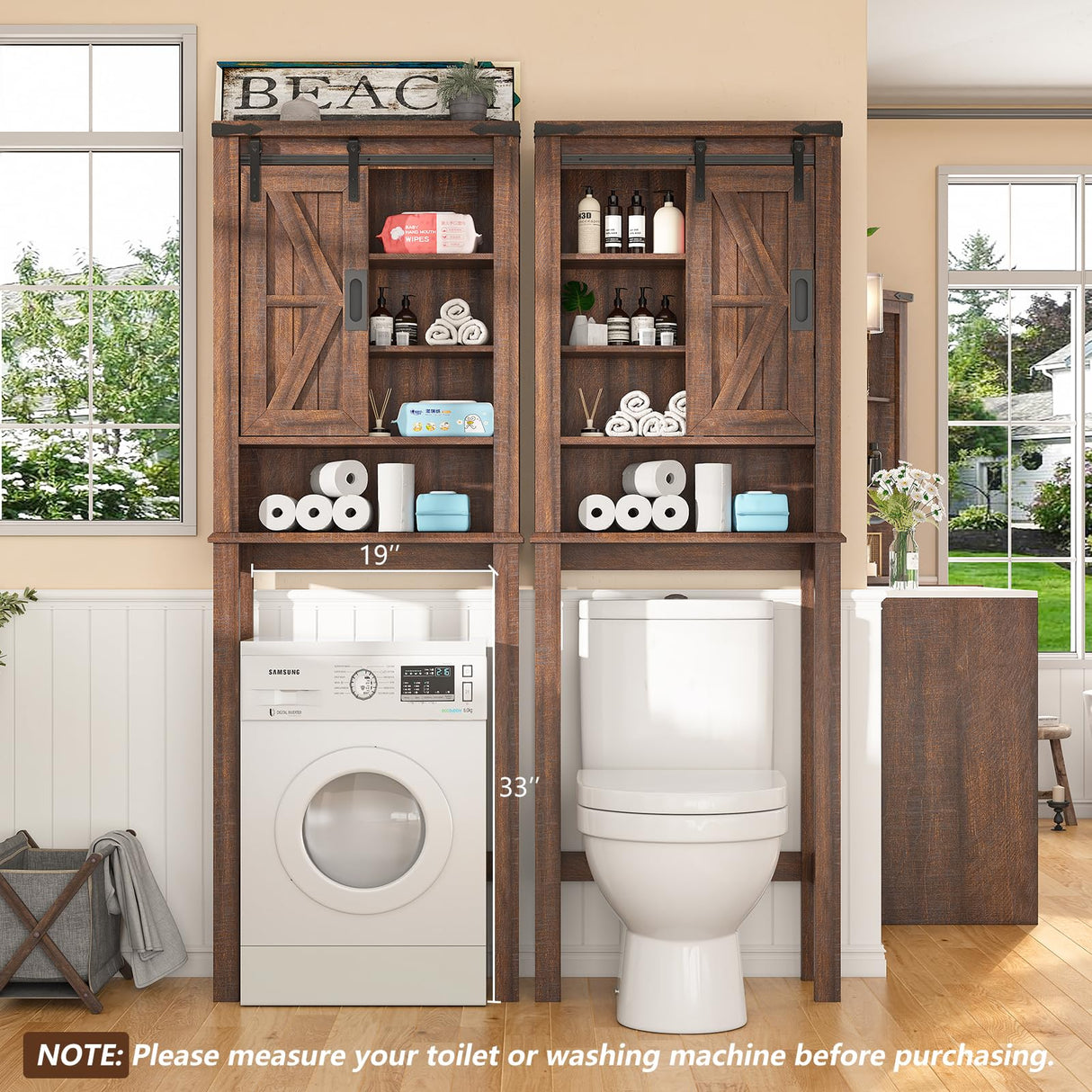 LUXOAK Farmhouse Over The Toilet Storage Cabinet, 68" Tall Bathroom Storage Cabinet with Sliding Barn Door & Adjustable Shelves, Above Toilet Storage for Bathroom, Laundry Room, Reclaimed Barnwood LUXOAK