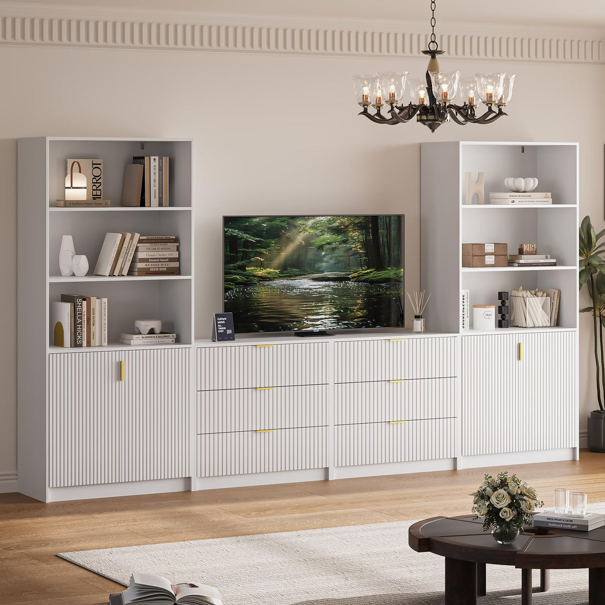 White 4-Piece Large TV Stand with 2 Bookshelves for TVs up to 70”, TV Entertainment Center Media Center with Open Storage, Media Console Table with Display Cabinet for Living Room & Home Theater MAISONARIA