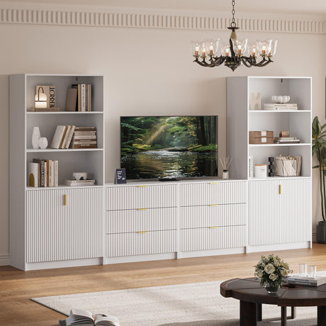 White 4-Piece Large TV Stand with 2 Bookshelves for TVs up to 70”, TV Entertainment Center Media Center with Open Storage, Media Console Table with Display Cabinet for Living Room & Home Theater MAISONARIA