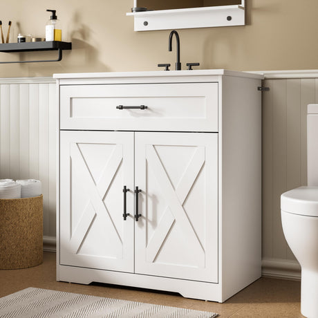 Amada 30″ Bathroom Vanity with Ceramic Sink, Farmhouse Undermount Vanity Sink Cabinet with 2 Doors and 1 Drawer, Free Standing Bathroom Storage Cabinet with Sink Combo Set, White AMADA HOMEFURNISHING