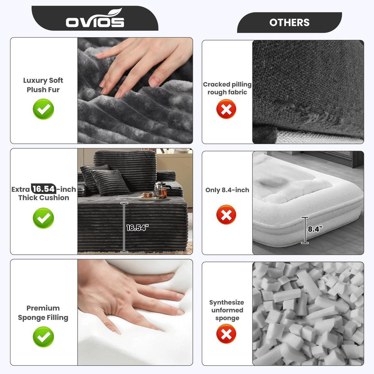 ovios 67''x48'' Chaise Lounge Chair Indoor, Upholstered Sofa Bed with 2 Throw Pillows and Armrests, Comfy Fluffy Plush Oversized Sleeper Couch for Living Room, Grey ovios