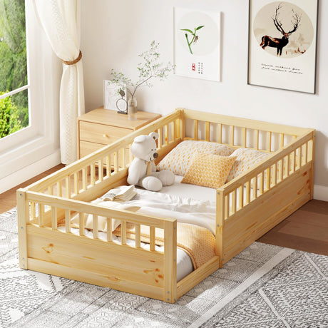 Luckiofvonne Floor Bed for Kids, Twin Size Montessori Bed with High Fence Railings, Wood Playhouse Bed with Rails for Baby Boys Girls Teens, No Slats Included, Natural Luckiofvonne