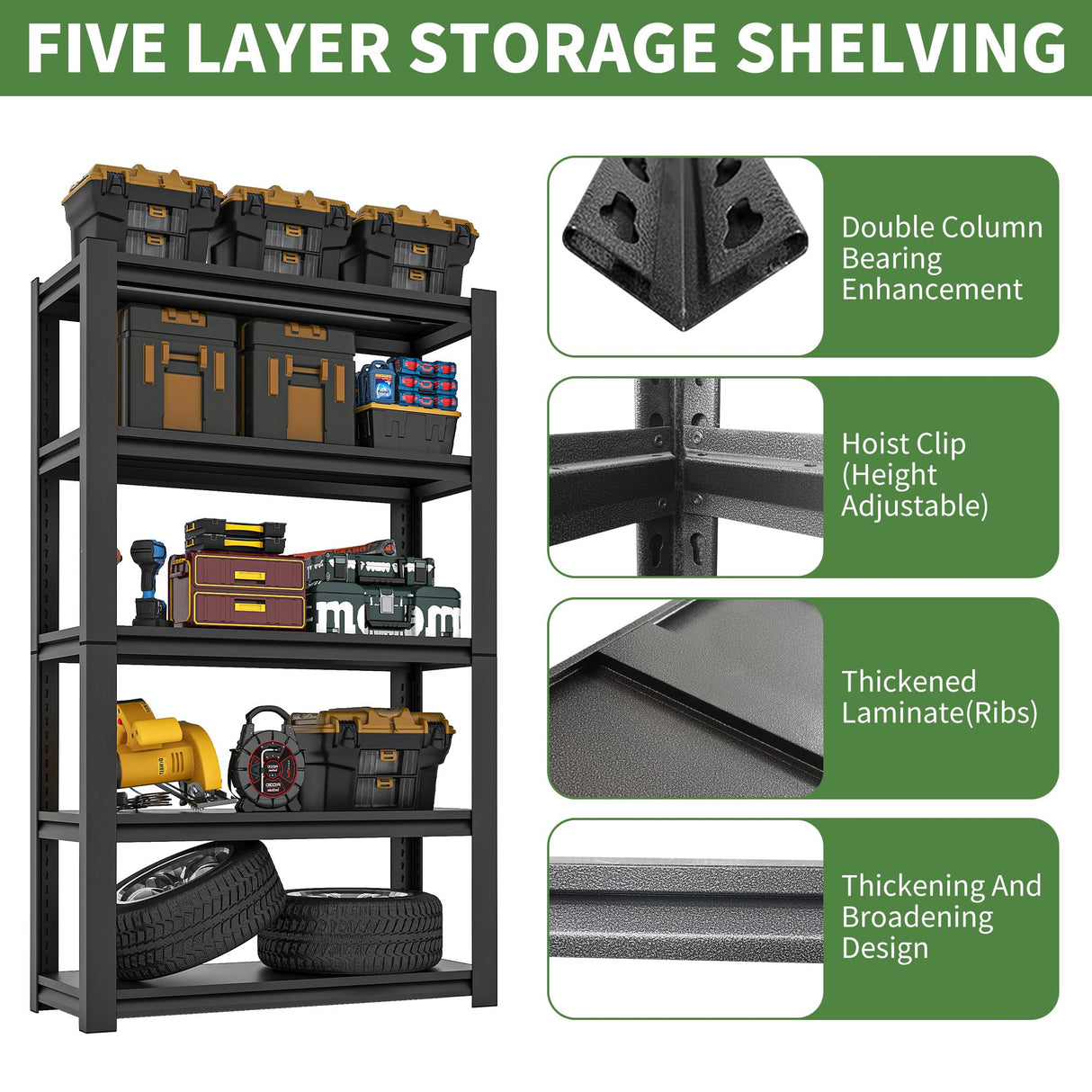 VIYET 72" H Garage Shelving, Garage Shelves Heavy Duty, 5 Tier Adjustable Garage Storage Shelves for Warehouse, Basement, Workshop, Kitchen, Require Assembly, 16''D*36''W*72''H, Black VIYET