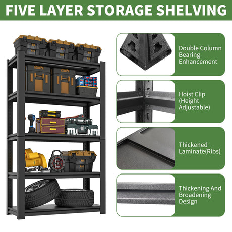 VIYET 72" H Garage Shelving, Garage Shelves Heavy Duty, 5 Tier Adjustable Garage Storage Shelves for Warehouse, Basement, Workshop, Kitchen, Require Assembly, 16''D*36''W*72''H, Black VIYET