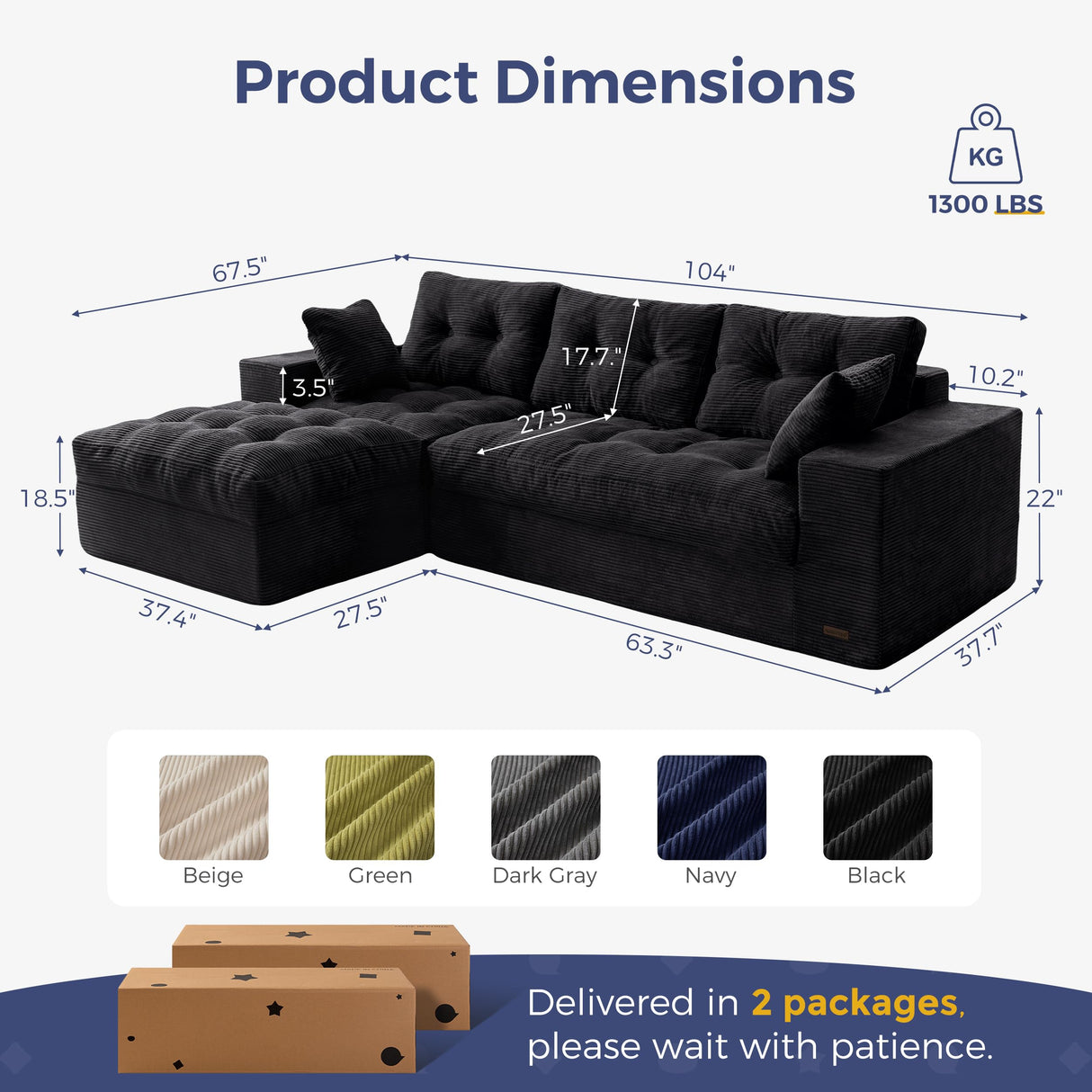 MAXYOYO L-Shaped Sectional Sofa with Convertible Left/Right Ottoman, Cloud Boneless Modular Couch, Layered Cushion & Tufted Upholstered, 4-in-1 Flexible Combination, No Assembly, Black MAXYOYO