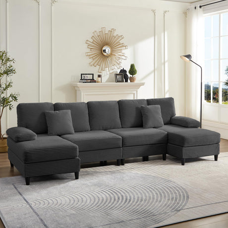 ijuicy U Shaped Sofa Couch with Double Chaises, 112" Sectional Sofa with Sleepable Armrest, 4 Seat Couch with Chaises, Sectional Couches for Living Room, Apartment (Corduroy, Dark Grey) ijuicy