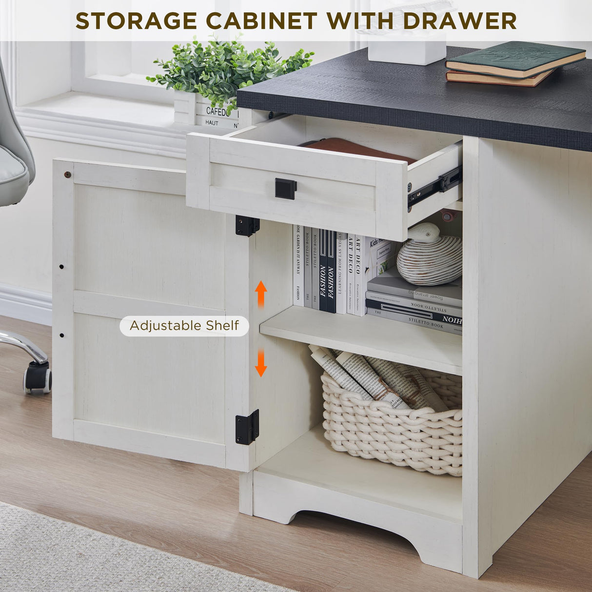 JXQTLINGMU Home Office Desk, Modern Farmhouse Computer Desk with File Cabinet Letter T4 F4 Legal, Study Writing Desk, 59 Inch, Off White JXQTLINGMU