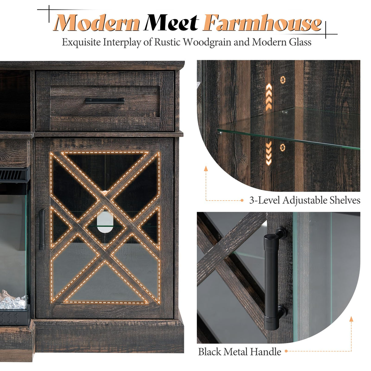 AMERLIFE Farmhouse LED Fireplace TV Stand with 3-Sided Glass Fireplace, 70" Large Entertainment Center for TVs up to 80", Rustic TV Console with Glass Door Storage for Living Room, Dark Oak Wood AMERLIFE