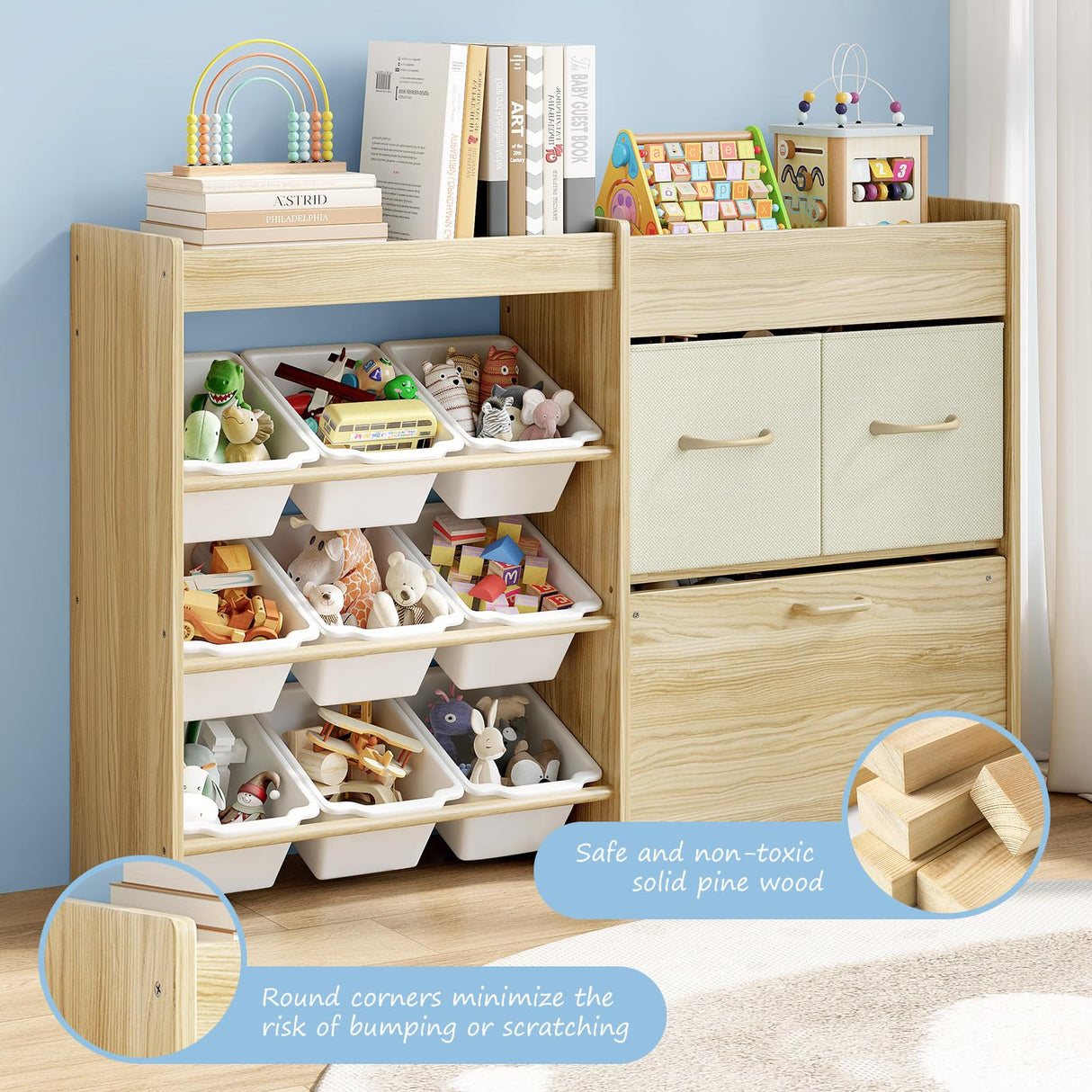 Toy Storage Organizer for Kids, 9-Bin Toy Organizer with 2-Drawers,Movable Toy Chest and Top Rack, Multifunctional Kids Bookshelf and Toy Storage for Living Room, Playroom, Bedroom, Nursery, White EXPERLAM