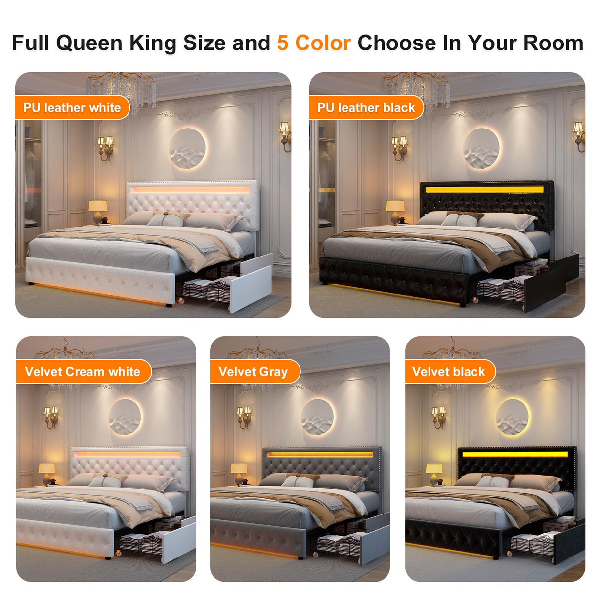 Queen Storage Bed Frame with LED Headboard and 4 Drawers in White WoodArtSupply
