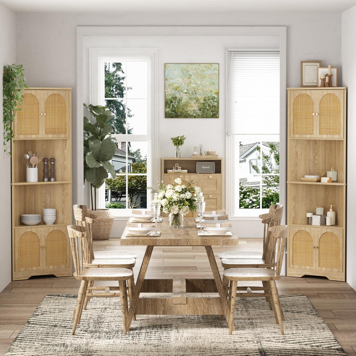 FiveWillowise 67''H Tall Corner Cabinet with Handmade Rattan Door, Rattan Storage Cabinet with Adjustable Shelves, Corner Bookshelf Space Saver for Barthroom, Kitchen, Natural FiveWillowise