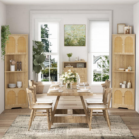 FiveWillowise 67''H Tall Corner Cabinet with Handmade Rattan Door, Rattan Storage Cabinet with Adjustable Shelves, Corner Bookshelf Space Saver for Barthroom, Kitchen, Natural FiveWillowise