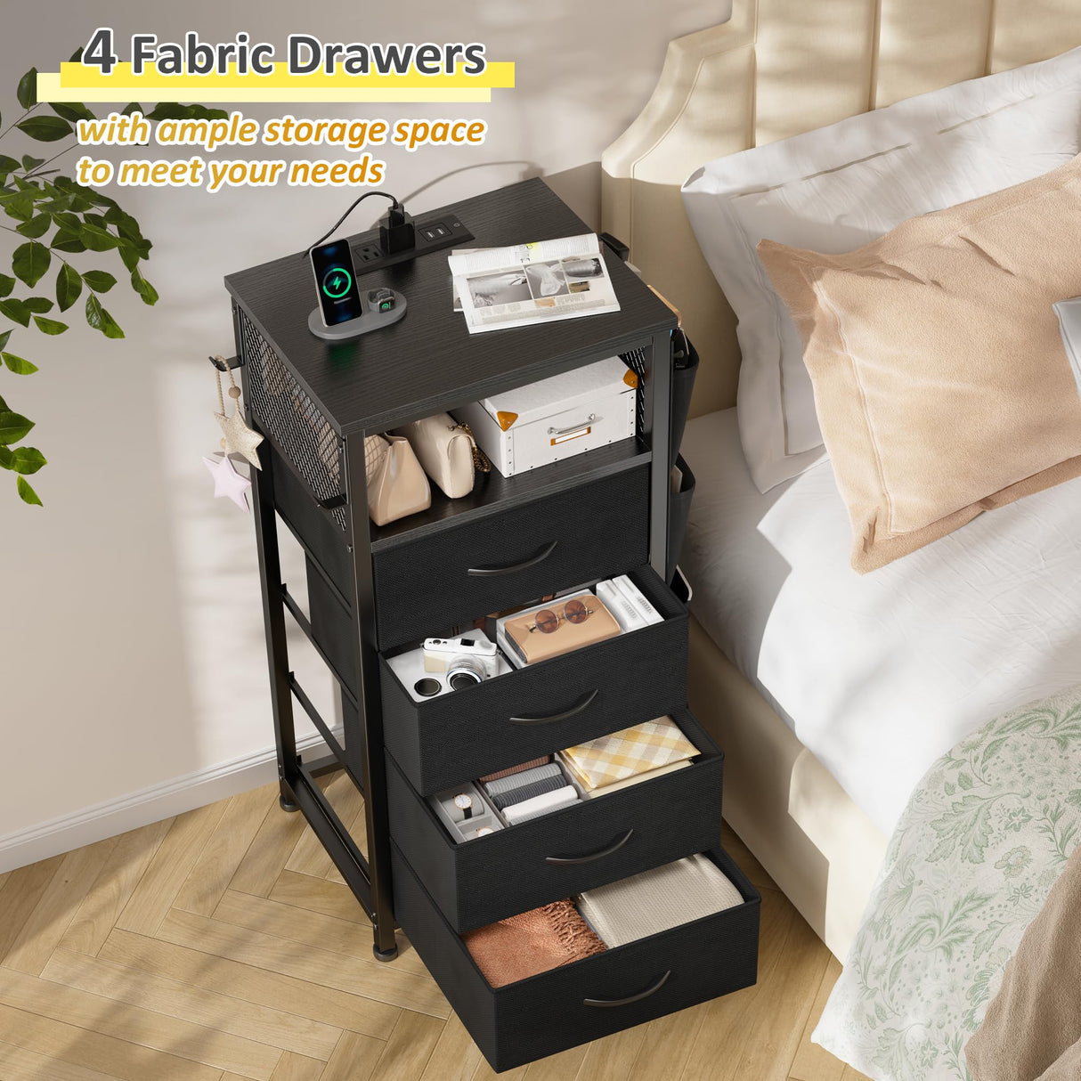 EnHomee Black Nightstand Set of 2,Night Stand with Charging Station & LED, Bedside Table with Fabric Drawers and Storage Shelf, Sturdy Steel Frame, Wood Top,Cloth Bags,Hooks EnHomee