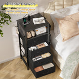 EnHomee Black Nightstand Set of 2,Night Stand with Charging Station & LED, Bedside Table with Fabric Drawers and Storage Shelf, Sturdy Steel Frame, Wood Top,Cloth Bags,Hooks EnHomee