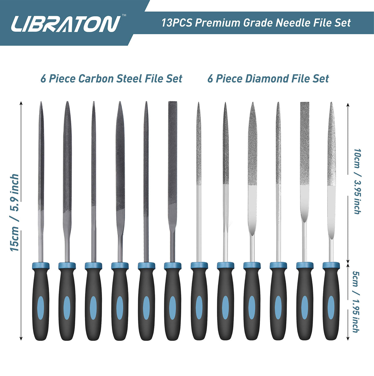 LIBRATON Needle Files Set 13PCS with 6 Steel File, 6 Diamond File Set, Cleaning Brush & Carrying Case for Wood and Metal Work DIY Metal File LIBRATON