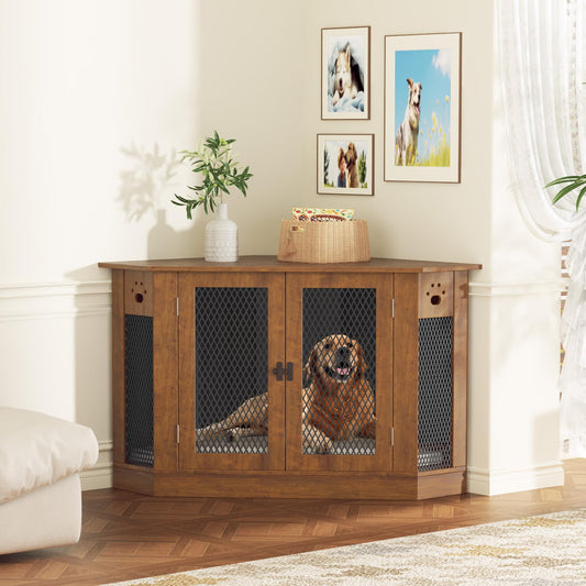 EazeHome Furniture Style Corner Dog Crate for Small Medium Dogs, 45 Inch Indoor Aesthetic Puppy Kennel TV Stand, Modern Decorative Wood Pet House Dog Cage, Cute End Side Table Nightstand, Walnut