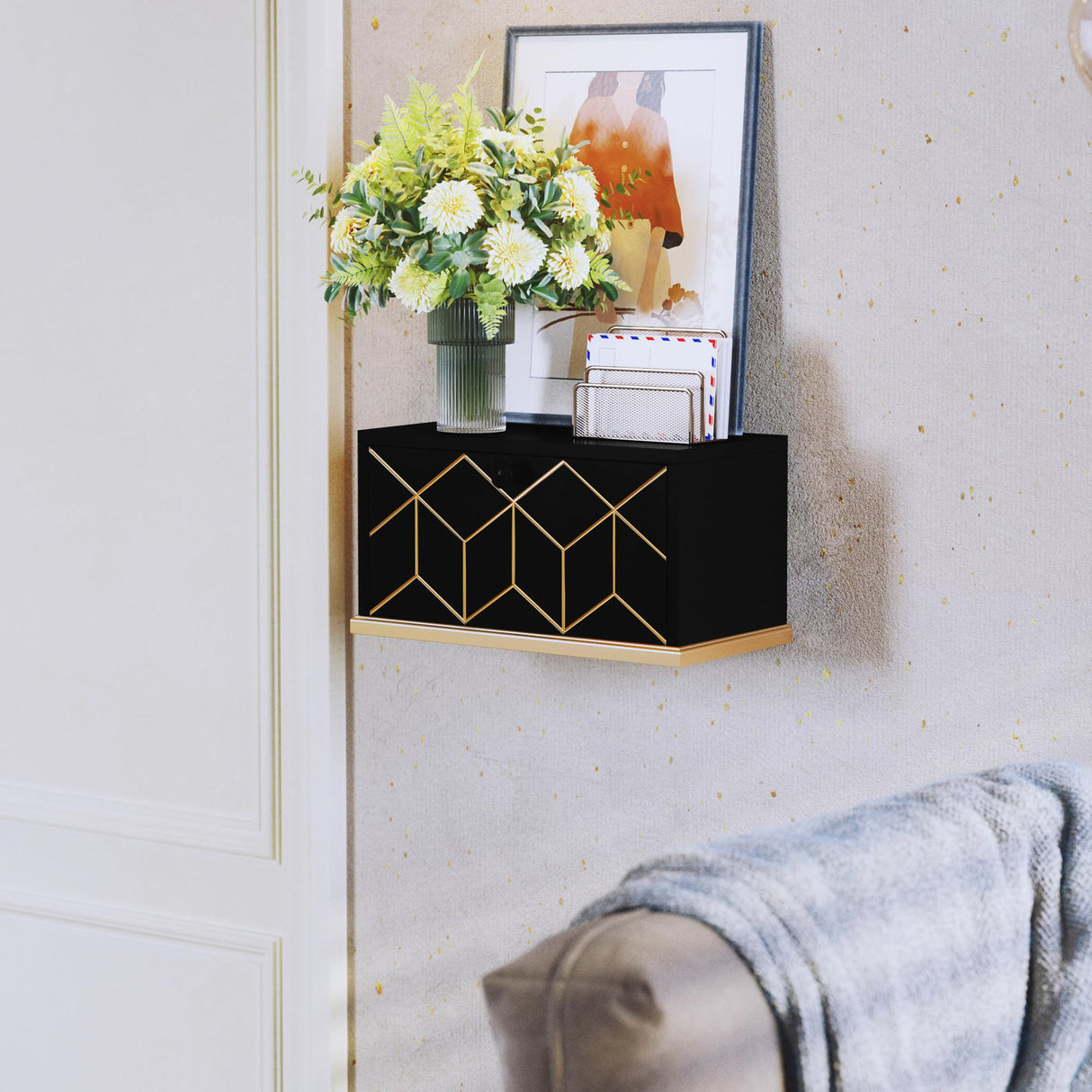 HLR Floating Nightstand, Small Nightstand with Flap Door, Morden Wall Mounted Nightstand for Bedrooms, Black HLR