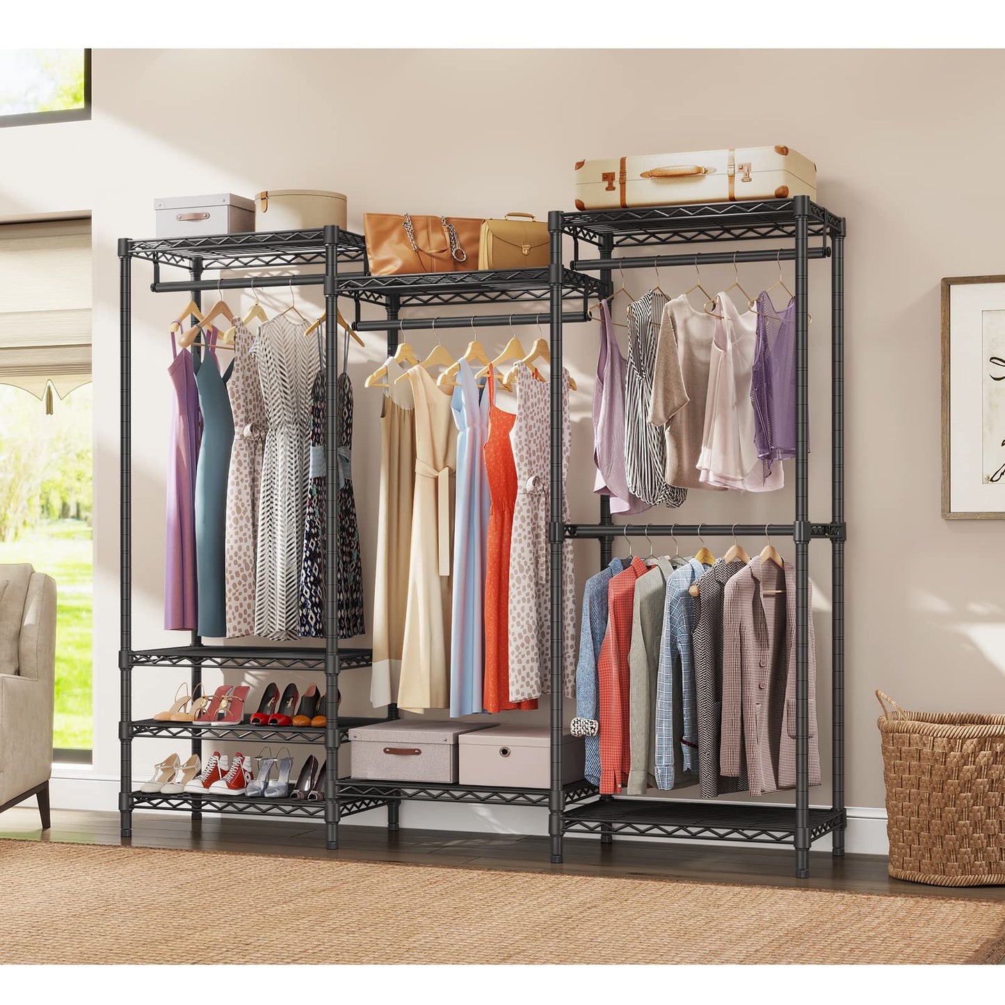 VIPEK V5 Portable Closet Wardrobe Heavy Duty Clothes Rack, Freestanding Clothing Rack with 4 Hang Rods & 8 Shelves, Adjustable Closet Rack, 68.9" L x 15.7" W x 76.4" H, Max Load 890LBS, Black - WoodArtSupply