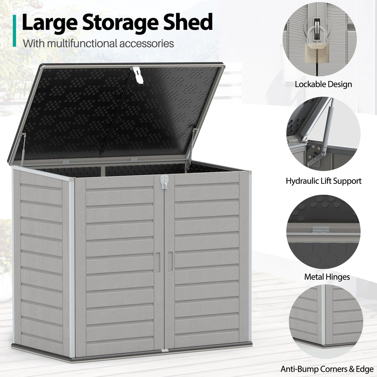 HUGROVE 49.5 Cu ft Storage Shed, 4.6 x 4.1 FT Outdoor Storage Horizontal Resin Shed, Weather Proof Water Proof PP Material, Lockable Door, Outdoor Storage Box for Trash Cans, Patio, Garden (4.6x4.1) HUGROVE