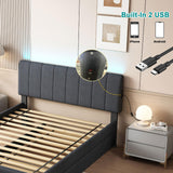 YOPTO Full Size Upholstered Platform Bed with Twin Size Trundle & USB Port,Linen Tufted Bed Frame W/Remote Control LED Light & Stripe Headboard,Wood Slats Support for Bedroom,Apartment,Dark Gray YOPTO