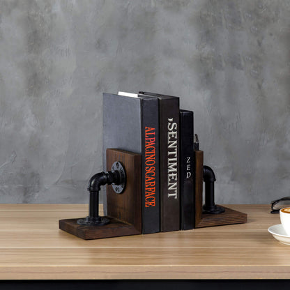 MyGift Dark Brown Industrial Pipe & Rustic Wood Bookends, Set of 2