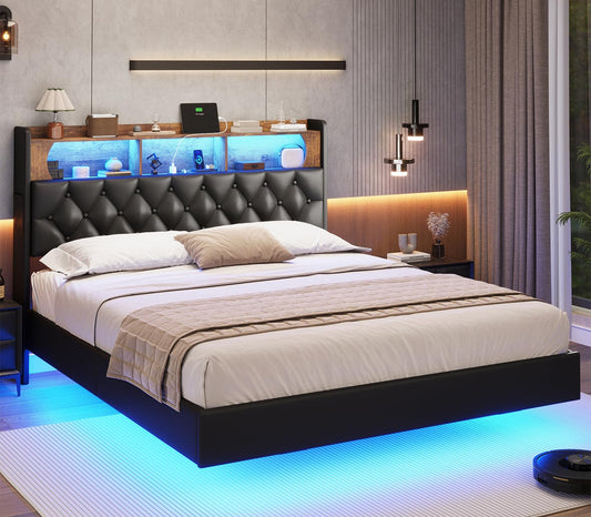 Queen Floating Bed Frame with RGB LED Headboard, USB Ports & Storage by ADORNEVE - WoodArtSupply