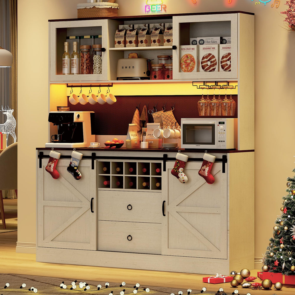 74" Tall 63" Wide Large Coffee Bar Cabinet w/ Outlet,6000-color LED Light,Pegboard,Farmhouse Hutch Cabinet w/Barn Door,2 Big Drawers,Adjustable Shelves,10 Wine & Glasses Rack,5 Hook for Kitchen,White chartustriable