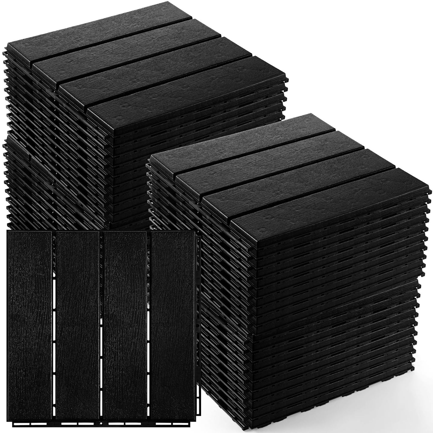 Treela 90 Pcs Plastic Interlocking Deck Tiles 12 x 12 Inch Patio Deck Tiles Waterproof Outdoor Flooring Composite Decking Boards Floor Decking Tiles for Porch Poolside Balcony Backyard (Black)