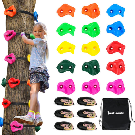Just.smile Climbing Hold for Kids Outdoor-Ninja Tree Climbing Rocks 15 Pcs with 6 Ratchets-Climbing Grip Kits for Ninja Warrior Obstacle Course Just.smile