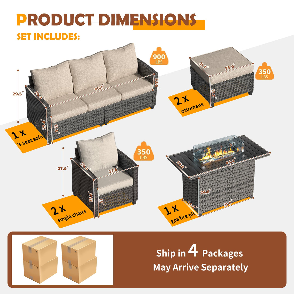 UDPATIO Patio Furniture Set with 44" Fire Pit Table, 6 Pieces Outdoor Sectional Conversation Sets, All-Weather Wicker Rattan Sofa Ottoman with 4" Thick Cushion for Garden Backyard Deck, Khaki UDPATIO