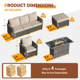 UDPATIO Patio Furniture Set with 44" Fire Pit Table, 6 Pieces Outdoor Sectional Conversation Sets, All-Weather Wicker Rattan Sofa Ottoman with 4" Thick Cushion for Garden Backyard Deck, Khaki UDPATIO