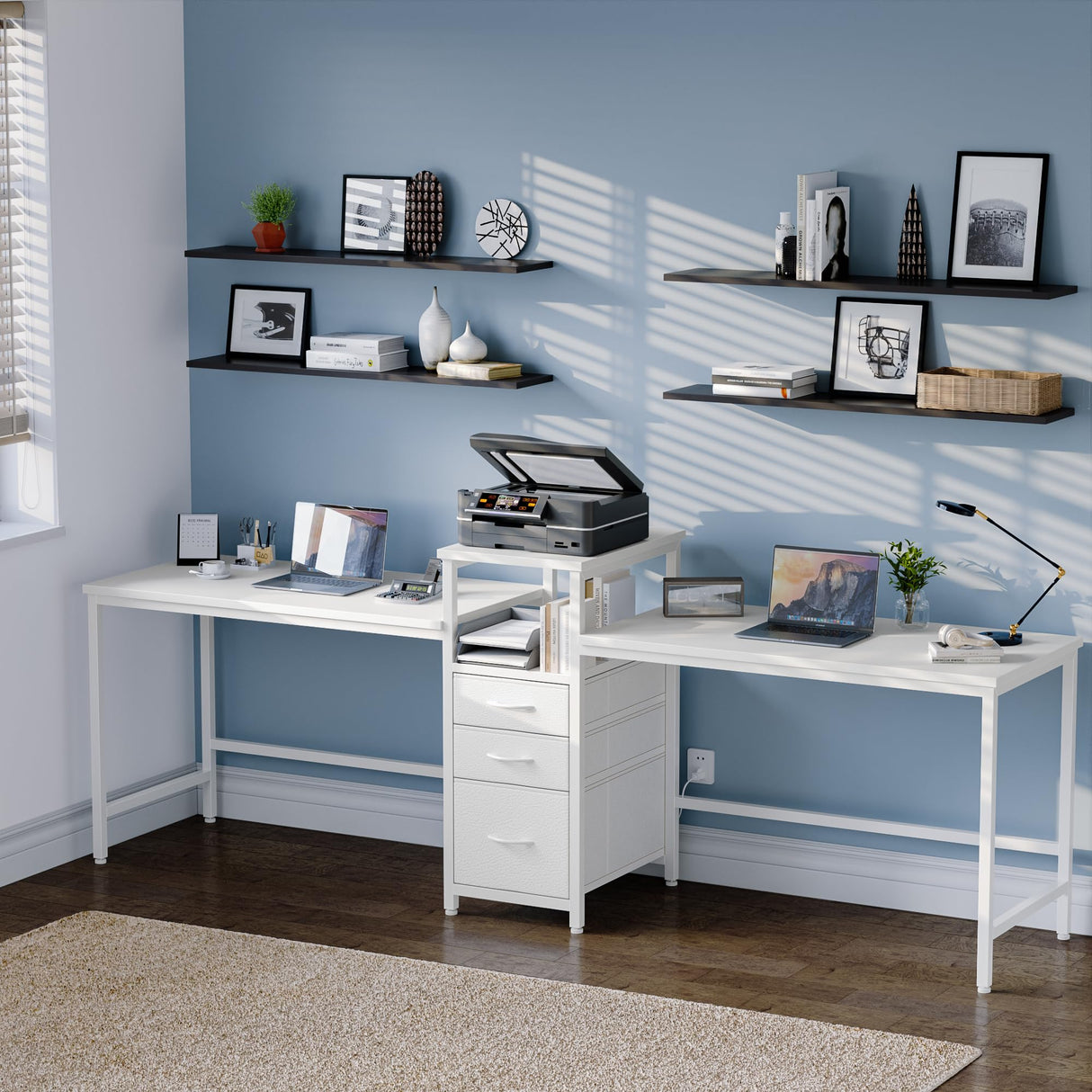 GYIIYUO 94'' Two Person Desk with Charging Station, Long Desk with 3 Fabric Drawers and Printer Shelf, Double Computer Desk, 2 Person Writing Study Table Workstation for Home Office, White GYIIYUO