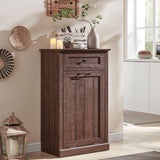 IFGET Tilt Out Trash Can Cabinet, Dog Proof Trash Can Cabinet, Farmhouse Hidden Laundry Hamper Cabinet with Barn Door, 10 Gallon Garbage Can Bin Cabinet with Storage Basket for Kitchen (Brown) IFGET