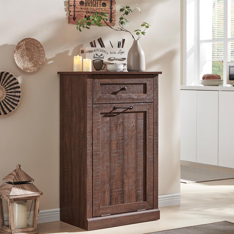IFGET Tilt Out Trash Can Cabinet, Dog Proof Trash Can Cabinet, Farmhouse Hidden Laundry Hamper Cabinet with Barn Door, 10 Gallon Garbage Can Bin Cabinet with Storage Basket for Kitchen (Brown) IFGET