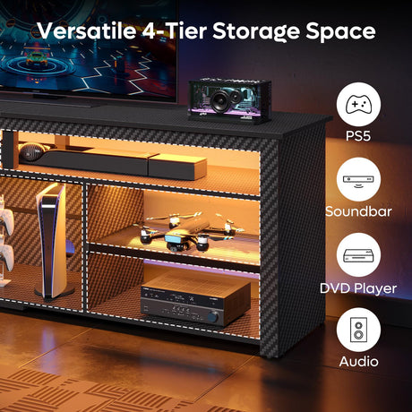 Bestier Tall TV Stand for 75 inch TV, LED Entertainment Center, Gaming TV Console with Storage for PS5, Modern TV Cabinet for Bedroom, Living Room, Black Carbon Fiber Bestier