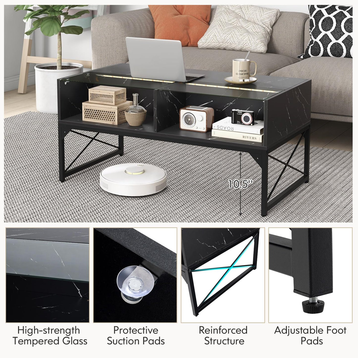 Giantex LED Coffee Table, High Gloss Coffee Tables with 4 Storage Cubes, 20-Color Lights, Remote Control, Faux Marble & Tempered Glass Top, Modern Accent Rectangle Center Table for Living Roo - WoodArtSupply