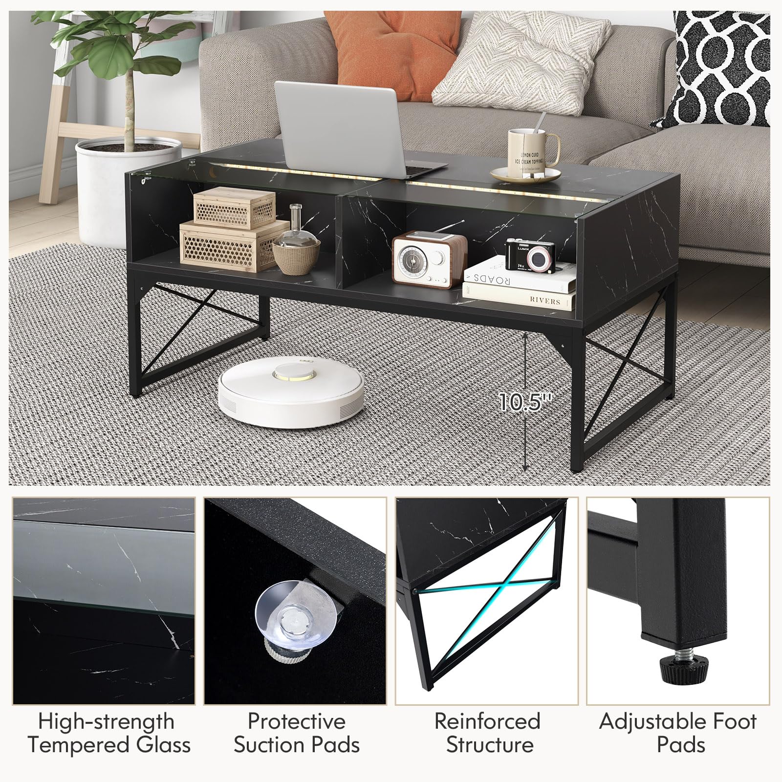 Giantex LED Coffee Table, High Gloss Coffee Tables with 4 Storage Cubes, 20-Color Lights, Remote Control, Faux Marble & Tempered Glass Top, Modern Accent Rectangle Center Table for Living Roo - WoodArtSupply