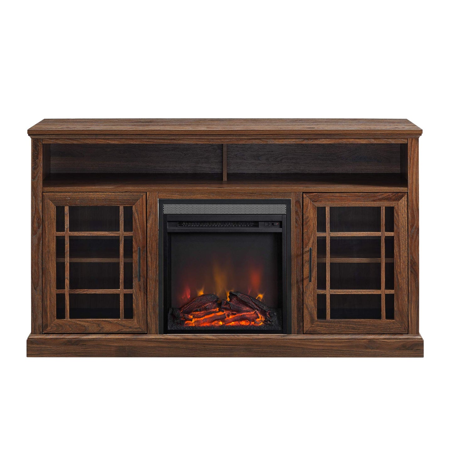 Walker Edison Hoxton Classic 2 Glass Door Fireplace Stand for TVs up to 65 Inches, 58 Inch, Dark Walnut - WoodArtSupply