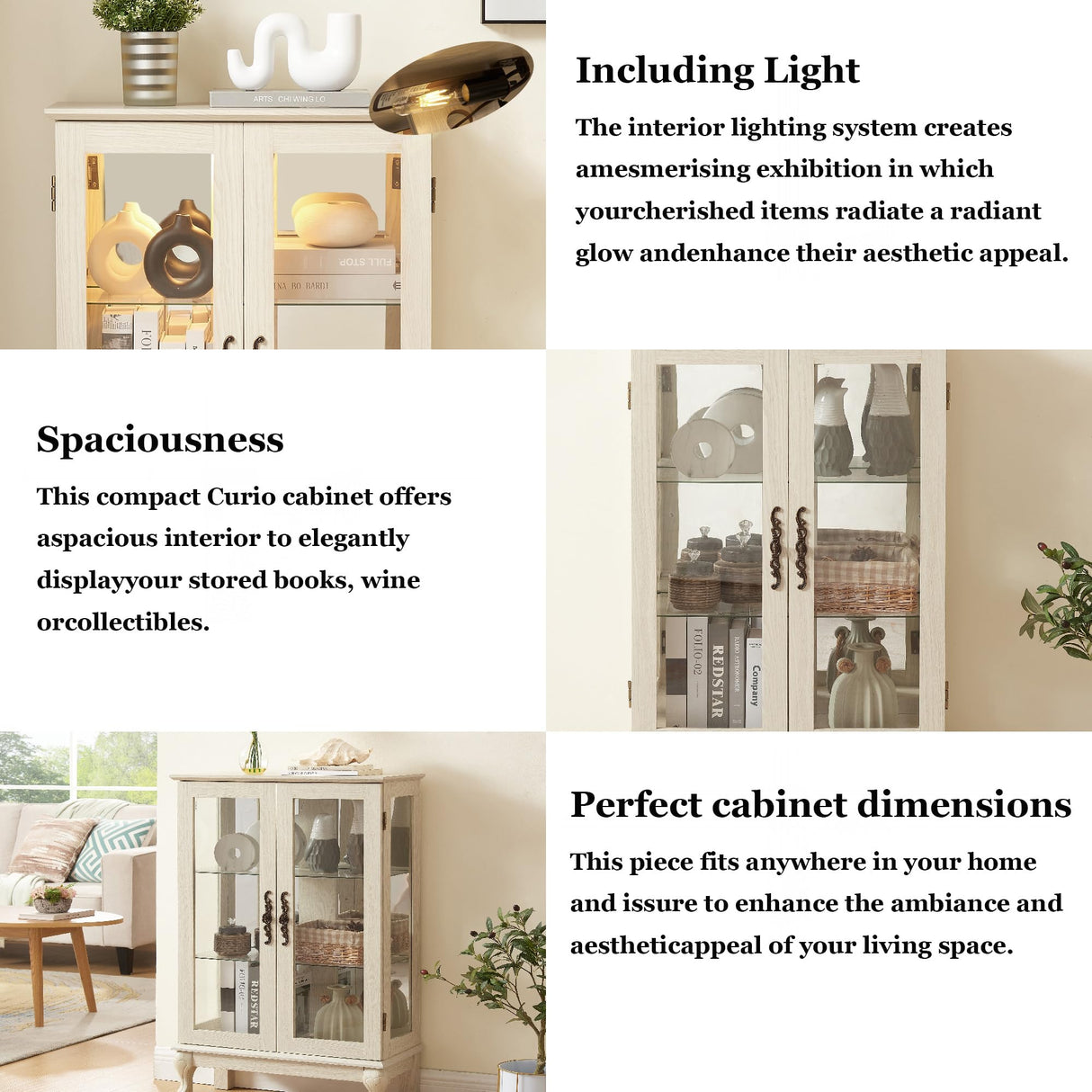 Awatiglou 2 Doors Curio Cabinet with Tempered Glass Doors, Curio Cabinets with Mirrored Back Panel and Adjustable Shelves, Lighted Display Cabinet for Home, Office Light Bulb Included White (White) Awatiglou