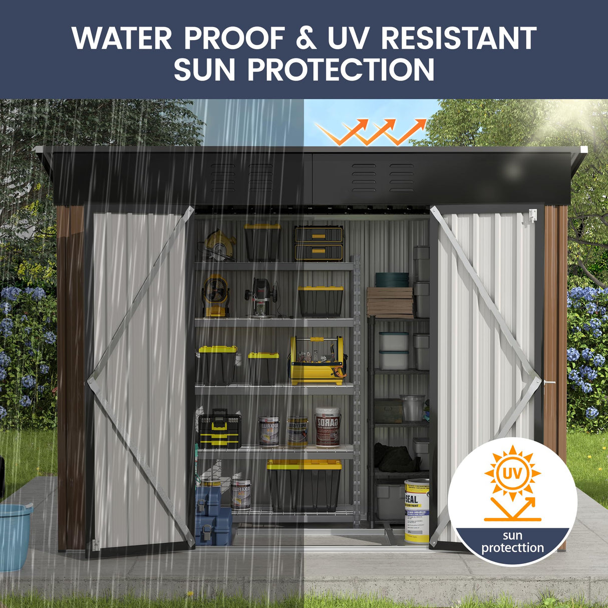 UDPATIO Outdoor Storage Shed 8x4 FT, Outside Sheds & Outdoor Storage Metal Galvanized Steel Yard, Patio, Lawn, Tool Shed with Lockable Door for Can, Bike, Lawnmower, Generator,Brown UDPATIO