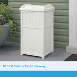 Suncast 33 Gallon Durable Plastic Hideaway Outdoor Garbage Can Trash Bin with Lid and Wicker Design for Backyard, Deck, or Patio, White Suncast