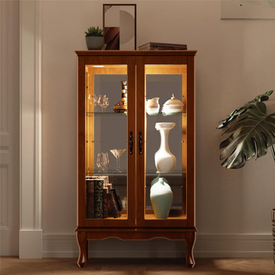 Dolonm Curio Cabinet with Tempered Glass Doors, Curio Cabinets with Mirrored Back Panel and Adjustable Shelves, Lighted Display Cabinet for Home,
