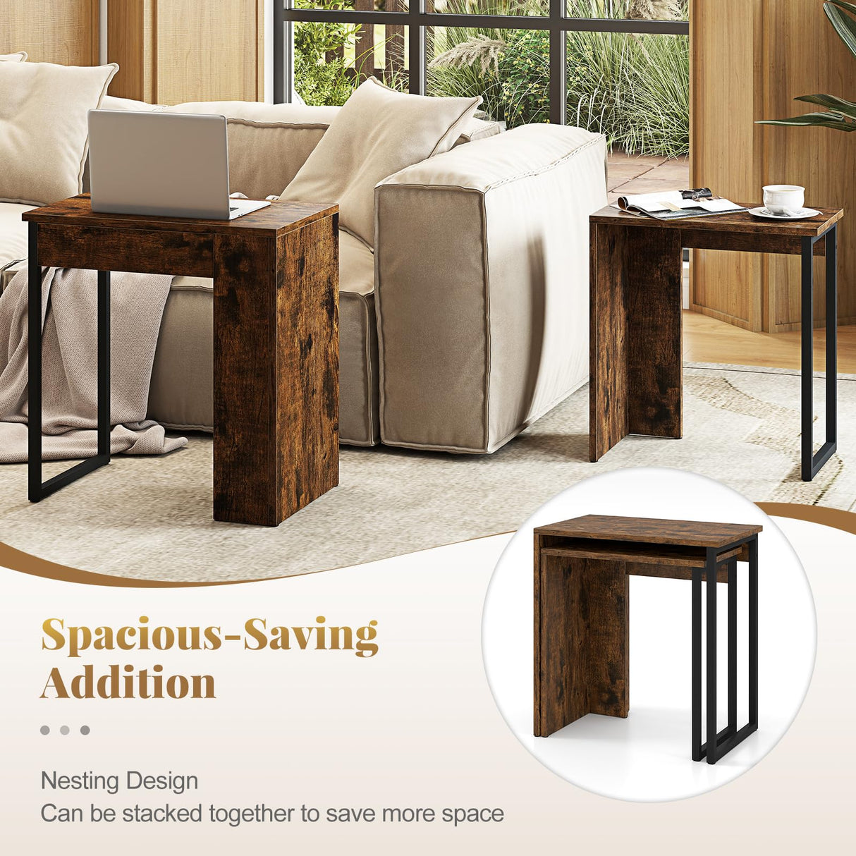 Giantex Nesting Coffee Table Set of 2, Rectangular Stackable Side Tables with Sturdy Metal Frames, Modern Nesting End Tables for Living Room, Bedroom, Rustic Brown Giantex