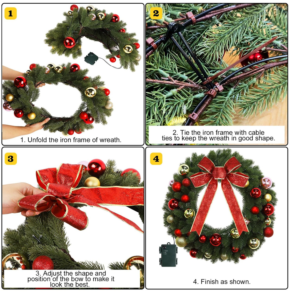 Juegoal 21 Inch Pre-Lit Christmas Wreath with Metal Hanger, Lighted Xmas Folded Wreath with 60 LED Lights, Red Bow and Colorful Balls, Battery Operated & Timer for Outdoor Home Window Wall Front Door Juegoal