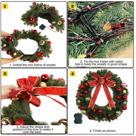 Juegoal 21 Inch Pre-Lit Christmas Wreath with Metal Hanger, Lighted Xmas Folded Wreath with 60 LED Lights, Red Bow and Colorful Balls, Battery Operated & Timer for Outdoor Home Window Wall Front Door Juegoal