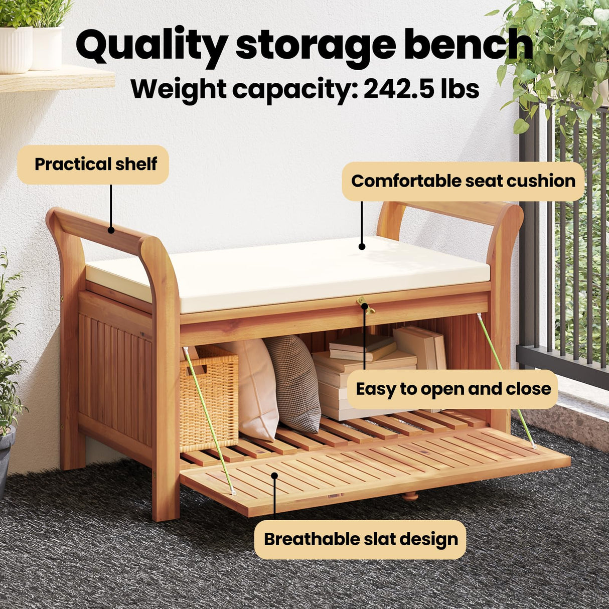 vidaXL Garden Storage Bench, Solid Acacia Wood, White Cushion Included, Classic Outdoor Design, Patio & Garden Seating, 35.8" x 19.7" x 23.6", Patio & Deck Organizer, Durable Wooden Furniture vidaXL