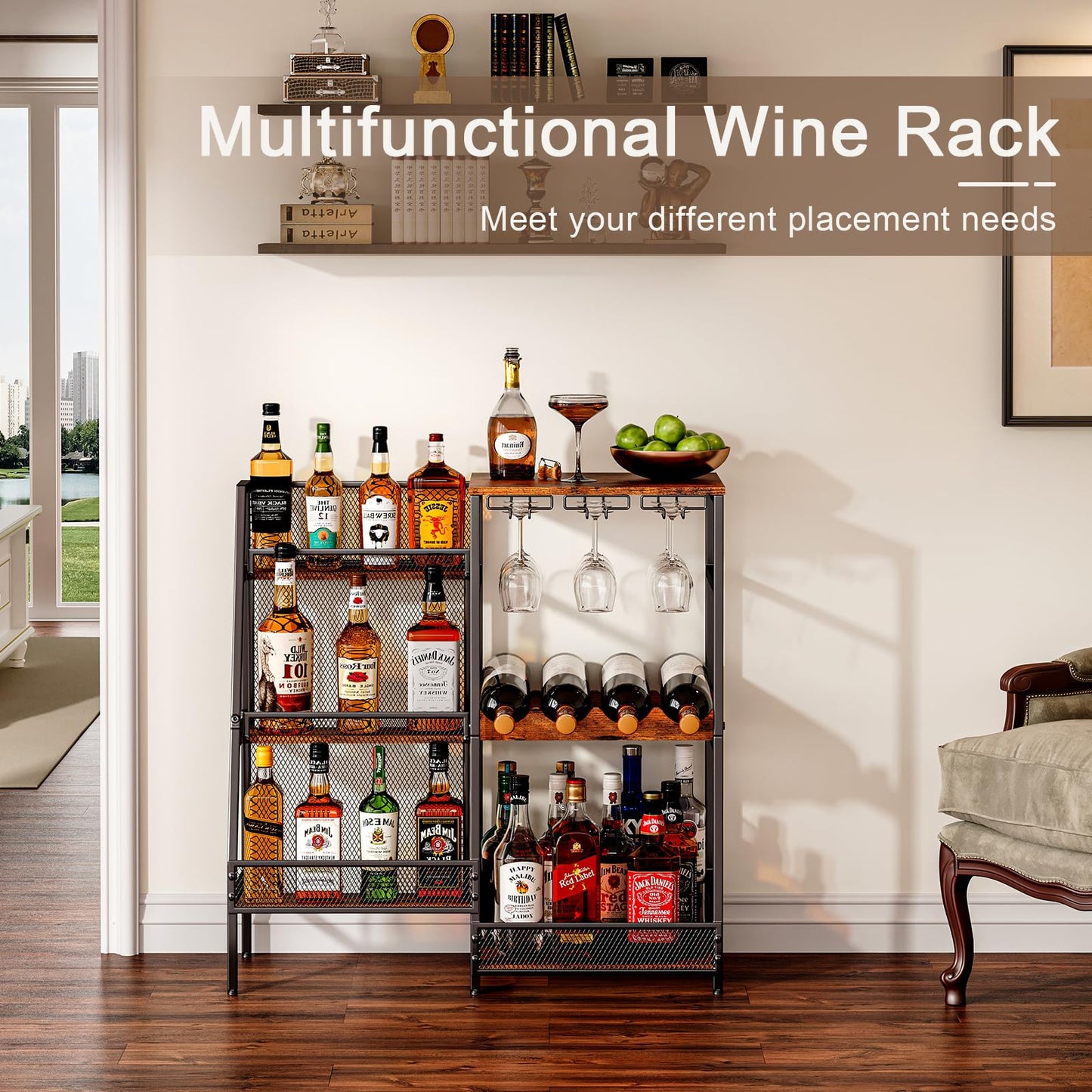 Versatile Liquor Stand for Home Bar, Wine Rack Freestanding Floor, Mini Bar Table for Liquor Whiskey Wine, 3-Tier Trapezoidal Liquor Bottle Display Shelf with Glass Holder and Fences(Patent P - WoodArtSupply